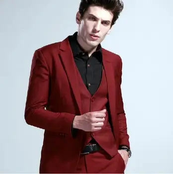 

High qulity groom suits men leisure suit three-piece groom wedding dress Wine red suit ( jacket+Pant+vest+tie)