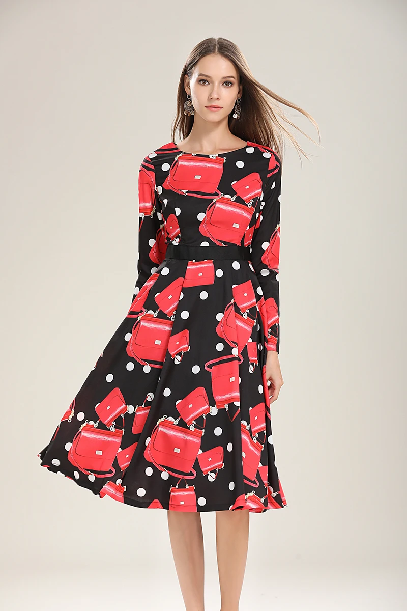 Высокое качество весеннее модное дизайнерское подиумное летнее платье женское винтажное длинное платье с длинным рукавом в горошек с красной сумкой