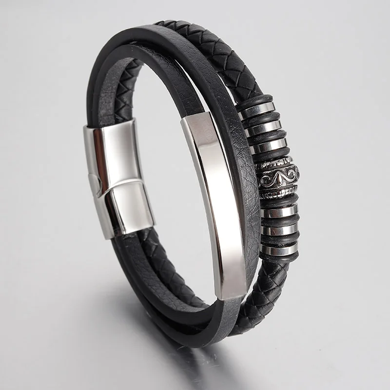 Punk Brown Genuine Leather Bracelet Braided Rope Chain Stainless Steel Wristband Magnetic Clasp Men Jewelry Vintage Gift