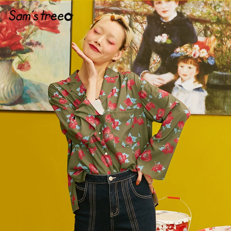 Samstree/женские рубашки с цветочным принтом в городском стиле; коллекция года; сезон осень; винтажные повседневные женские блузки с длинным рукавом в Корейском стиле в богемном стиле