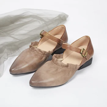 

2019 literary retro handmade leather soft pointed single head suede leather buckle buckle with heel women's shoes