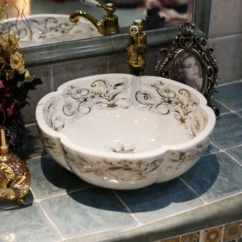

Europe Style China Artistic Handmade Flower Shape Counter top Ceramic Bathroom Vessel Sink flower wash basin 