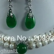 2 ряда белый жемчуг зеленый нефрит кулон серьги ожерелье набор