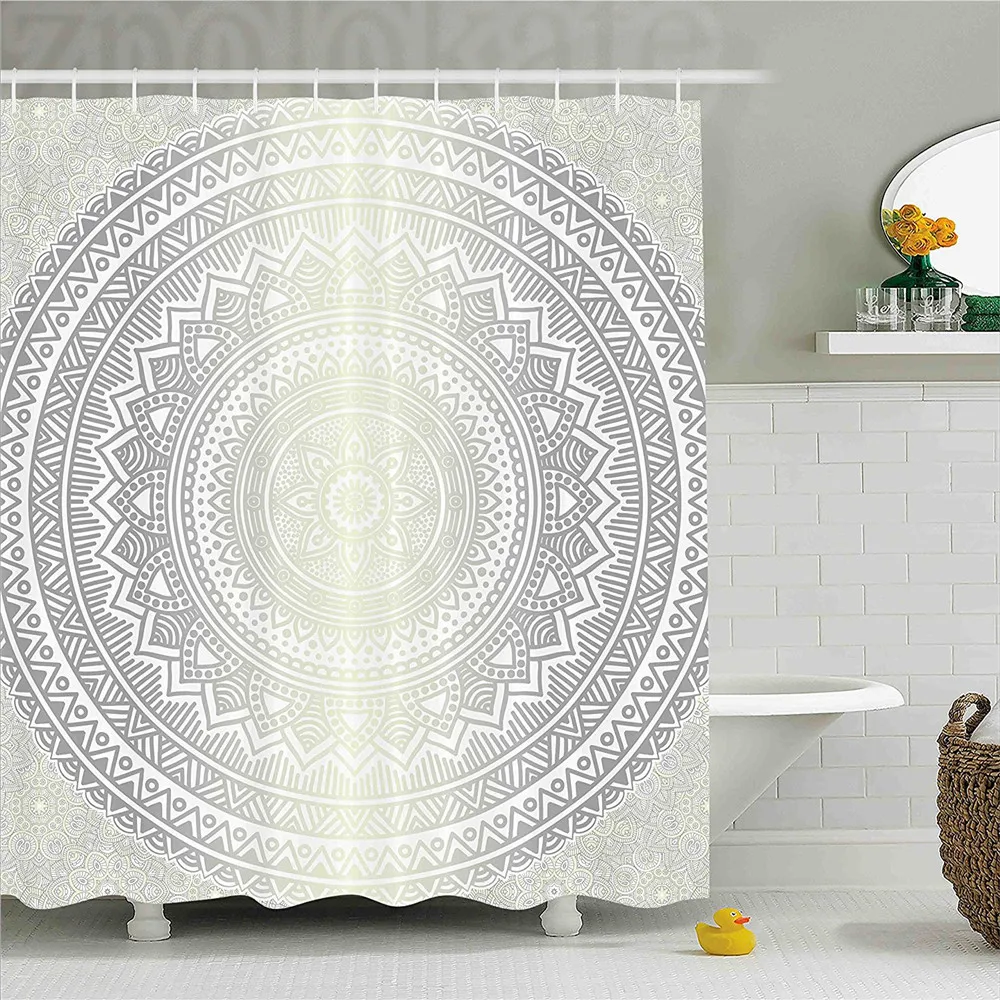 Grey and White Shower Curtain Medallion Pattern Round Shape Mandala