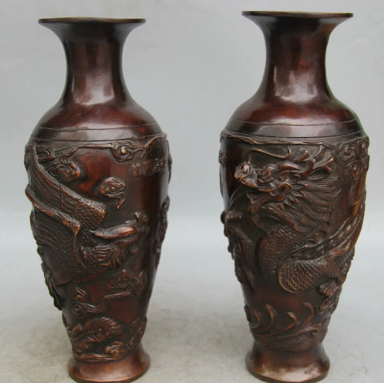 

song voge gem S5943 11" Marked Chinese Bronze Dragon phoenix Auspicious flower Bottle Vase Pair