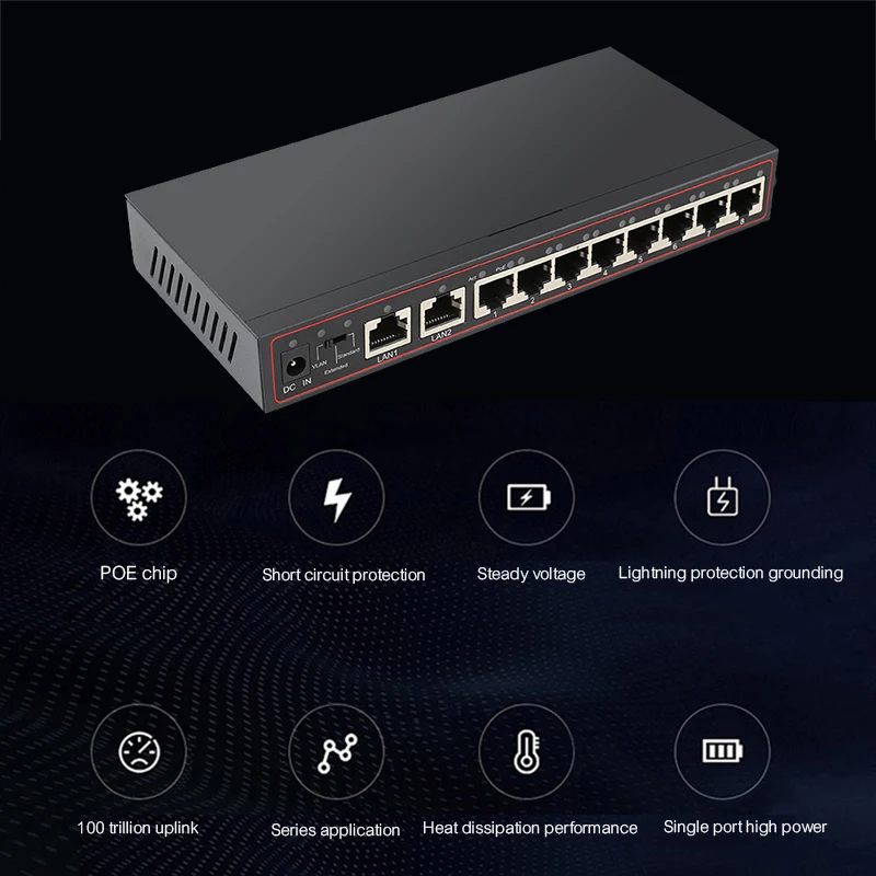 10 портов 8 PoE выключатель инъектор 48 В мощность по Ethernet сетевой коммутатор 802 3 af/at