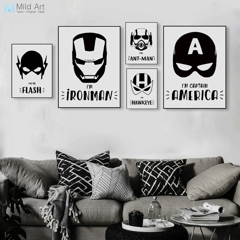 

Black and White Superhero Avengers Mask Batman Movie Posters Prints Nordic Boy Kids Room Decor Wall Art Pictures Canvas Painting