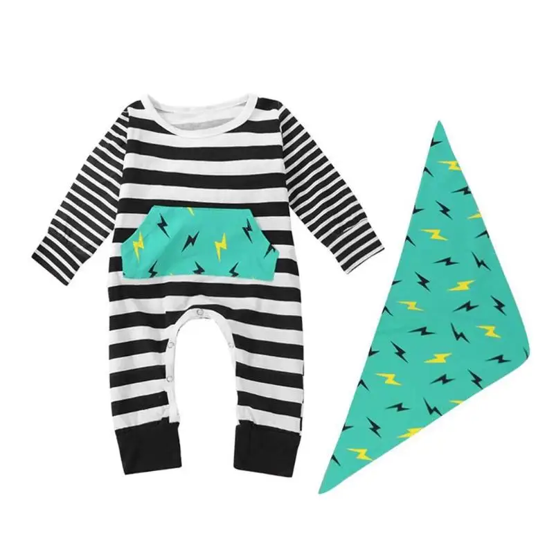 

2pcs/Set Infant Baby Printed Stripes Pocket Long Sleeve Romper+Triangle Bib