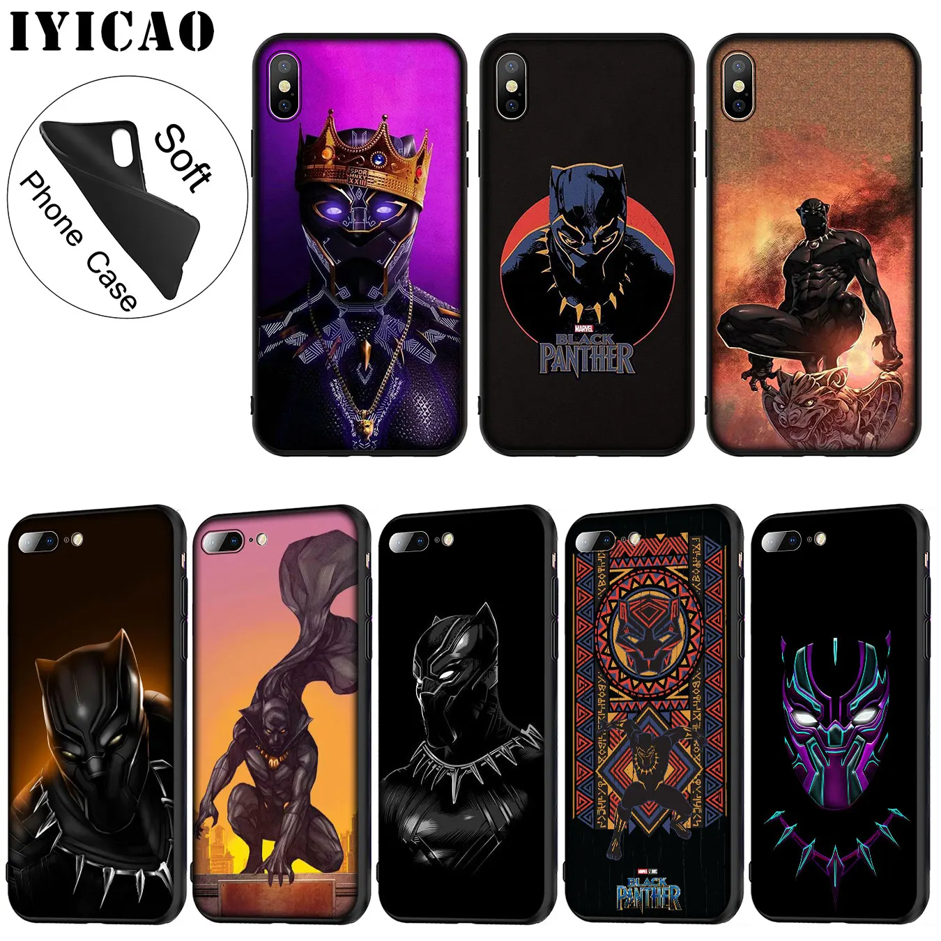 

IYICAO Avengers Marvel The Black Panther Soft Silicone Phone Case for iPhone XR X XS Max 6 6S 7 8 Plus 5 5S SE 10 Black Cover