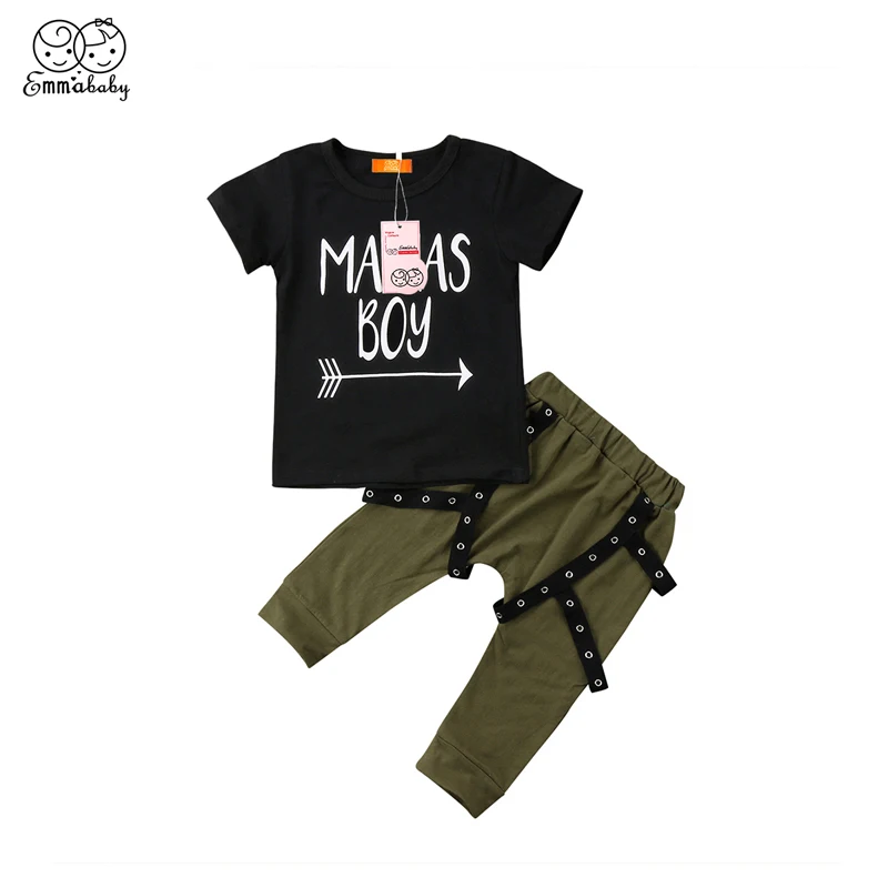 Toddler Baby Boys Fashion Active Summer 2PCS Sets Short Sleeve Letter White T-Shirts Tops Green Solid Pants Outfit 6M-5Y | Детская