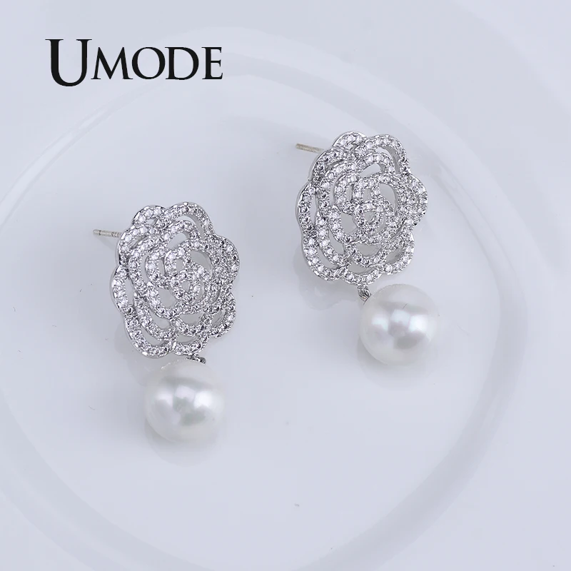 Модные жемчужные висячие серьги UMODE элегантные белые цветы ручной работы дешевые