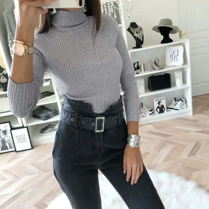 

Autumn Winter Women Sexy BodySuit Long Sleeve High Neck Skinny Knitted Bodysuit