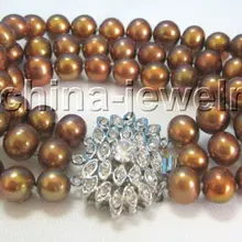 " 3row 9 мм натуральный кофе круглый пресноводный жемчуг браслет- белый циркон застежка благородный стиль естественно прекрасно jewe быстрая