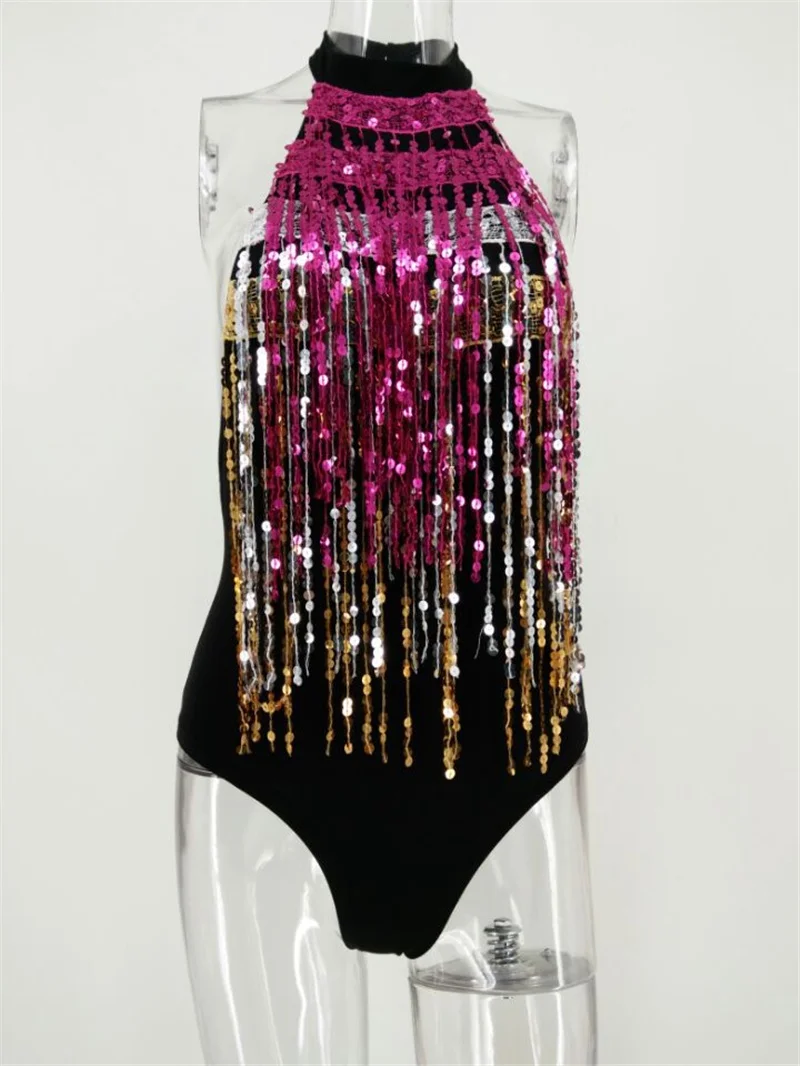 Patchwork Rainbow Mermaid Long Tassel Sequin Halter Backless Sequined