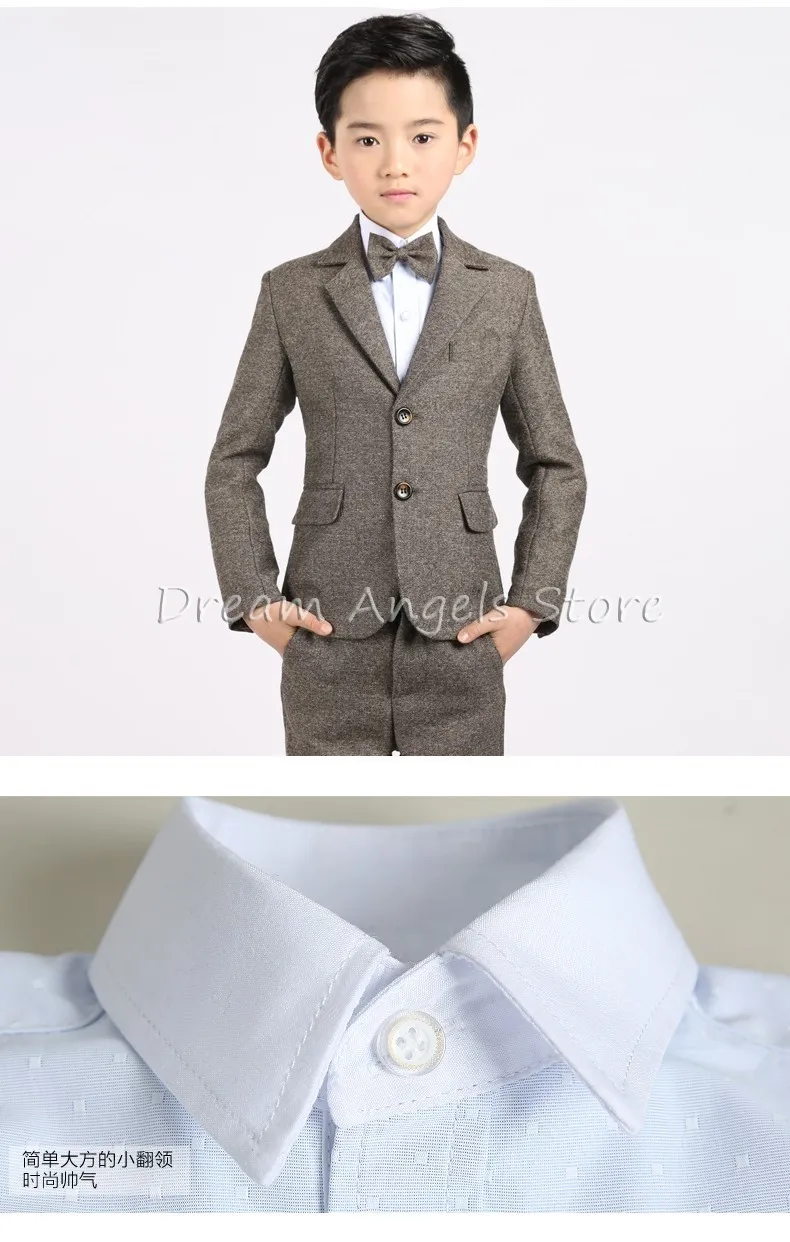 Приталенные костюмы для мальчиков пиджак+ жилет+ брюки+ рубашка+ галстук-бабочка размер плюс для 3-14 лет коричневые брючные костюмы для свадебных торжеств для мальчиков деловая торжественная одежда для мальчиков