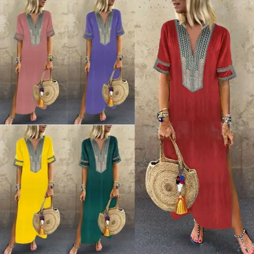

Plus Size Stylish Hot Sale Women's Print Linen Half-sleeve V-neck Slit Loose Long Dress Split Hem Baggy Kaftan Long Dress S-5XL