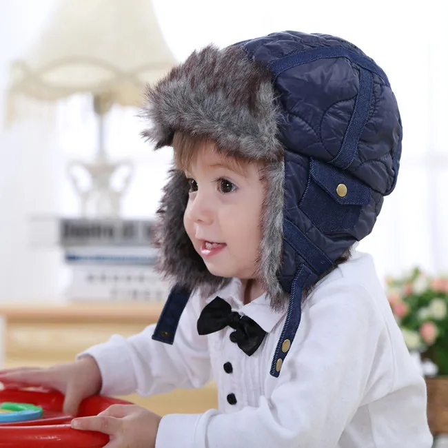 Детские шапки-бомберы синего цвета из искусственного меха для маленьких мальчиков; новые зимние теплые Повседневные шапки-ушанки для младенцев; рождественские подарки