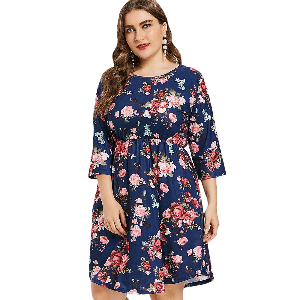 

Wipalo Women Fashion Plus Size 5XL Pockets Flower High Waisted Dress Autumn 3/4 Length Sleeves A-Line Casual Dress Vestidos