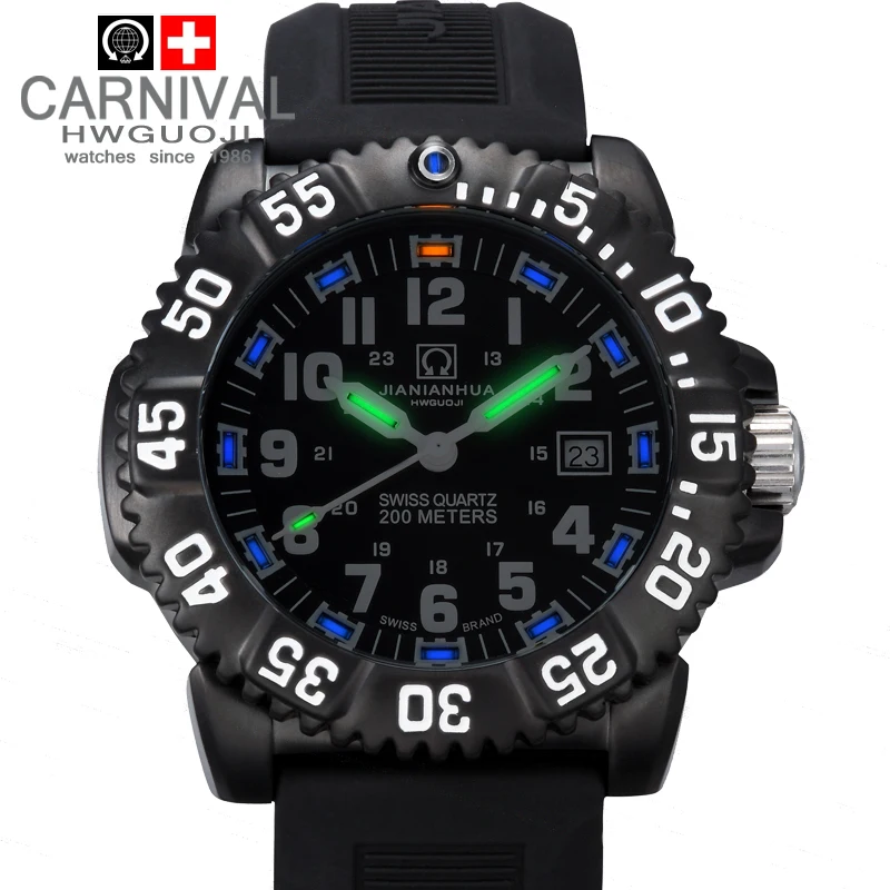 Carnival tritium luminous waterproof 200m font b military b font diving sports quartz watch full steel