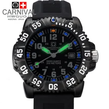 Carnival tritium luminous waterproof 200m military diving sports quartz watch full steel luxury brand men watches fashion casual