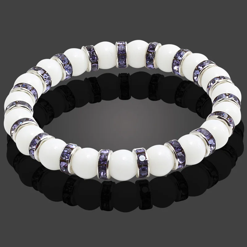 

Romantic Various Shining Crystal Silver Bracelets Natural Stone Porcelain White Elastic Beaded Bangles Women Charm Jewelry Gifts