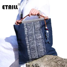 ETAILL Chinese Ethnic National Women Handbag Floral Printed Shoulder Messenger Bag Women's Canvas Tassel Top Handle Tote Bags ethnic style tassel and rivets design women s tote bag