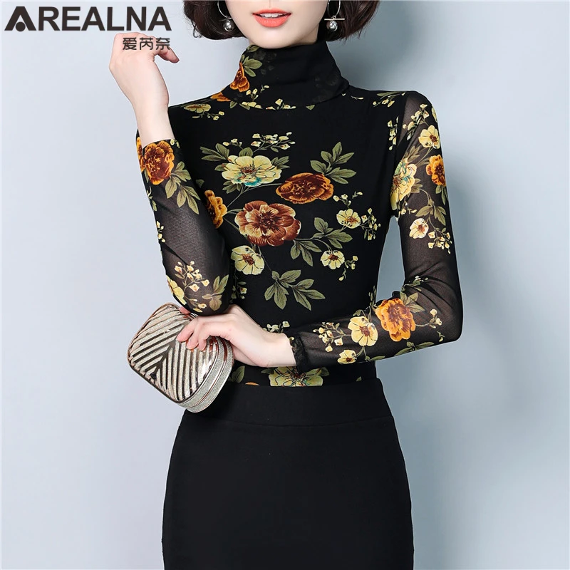 Модная женская одежда, осень, водолазка, эластичная, черная, сетчатая, длинный рукав, тонкая рубашка, женские топы, с цветочным принтом, женская блузка - Цвет: 587
