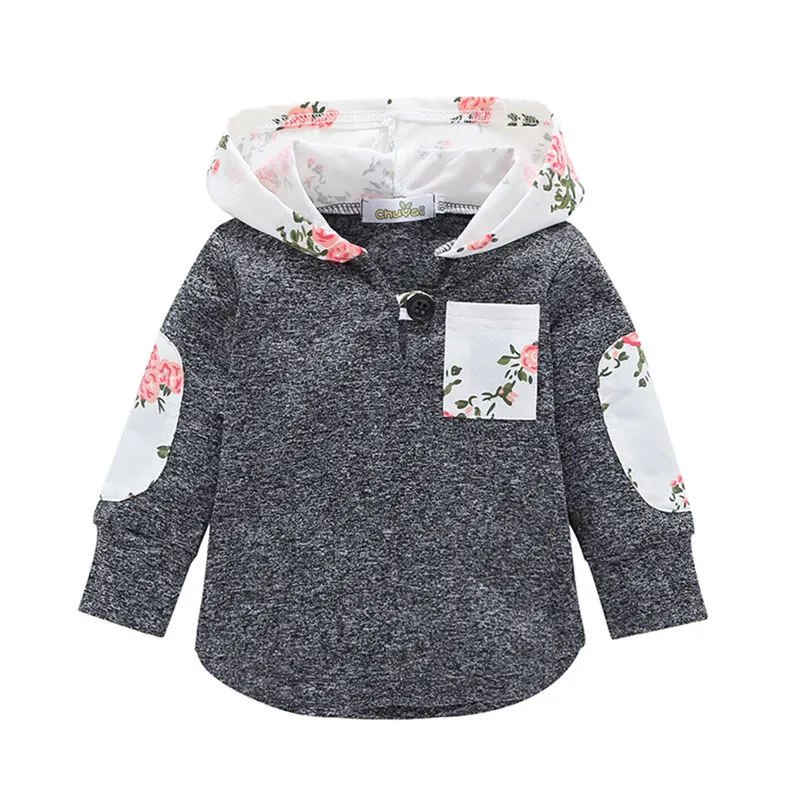 Осенне-зимние футболки с капюшоном и цветочным рисунком для маленьких девочек детская одежда для маленьких девочек повседневные футболки с длинными рукавами топы для девочек от 0 до 24 месяцев
