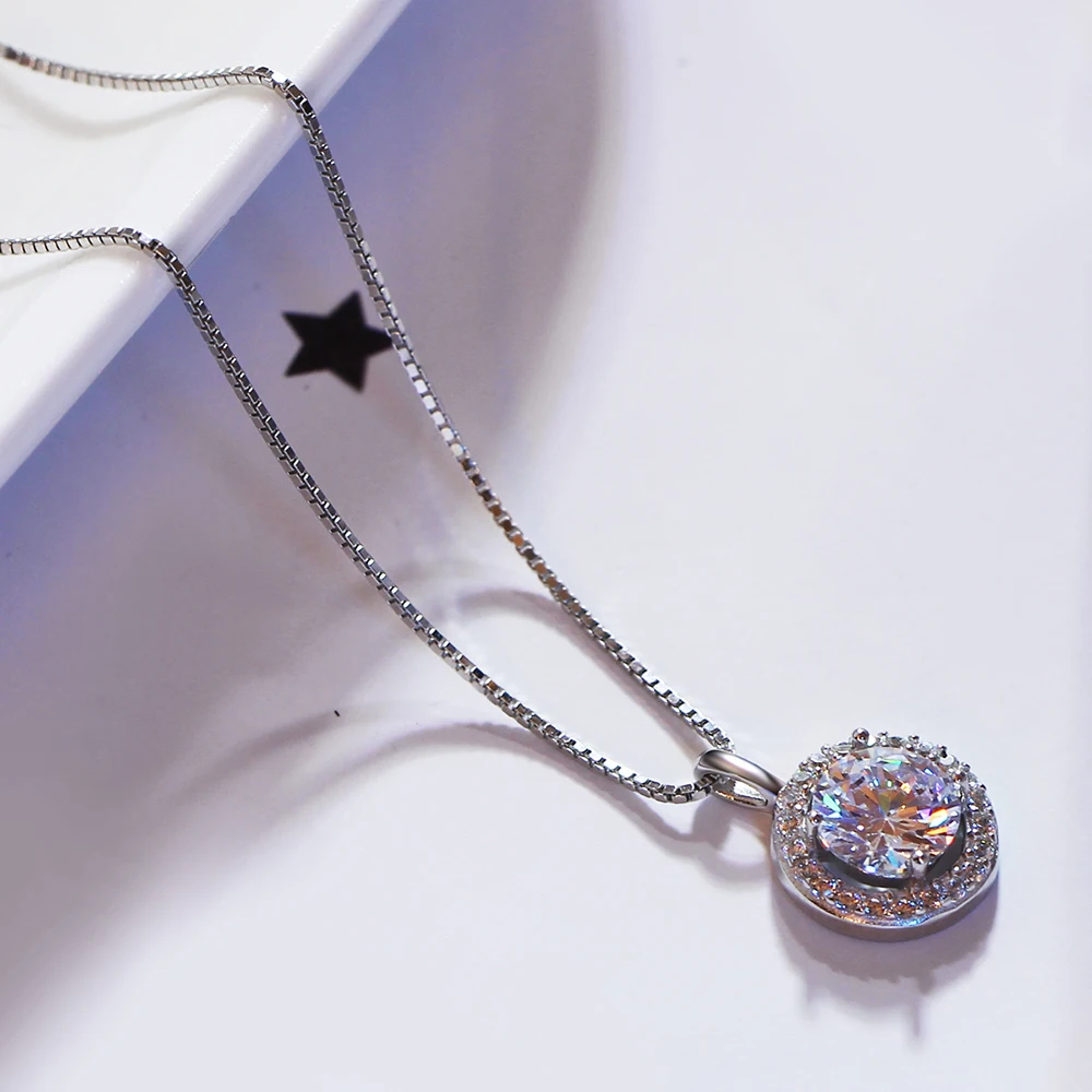 

Pure 925 Sterling Silver Round Pendant Necklace Fast shipping Shiny Zircon Silver Chain Suspension Jewellery Female Jewelry