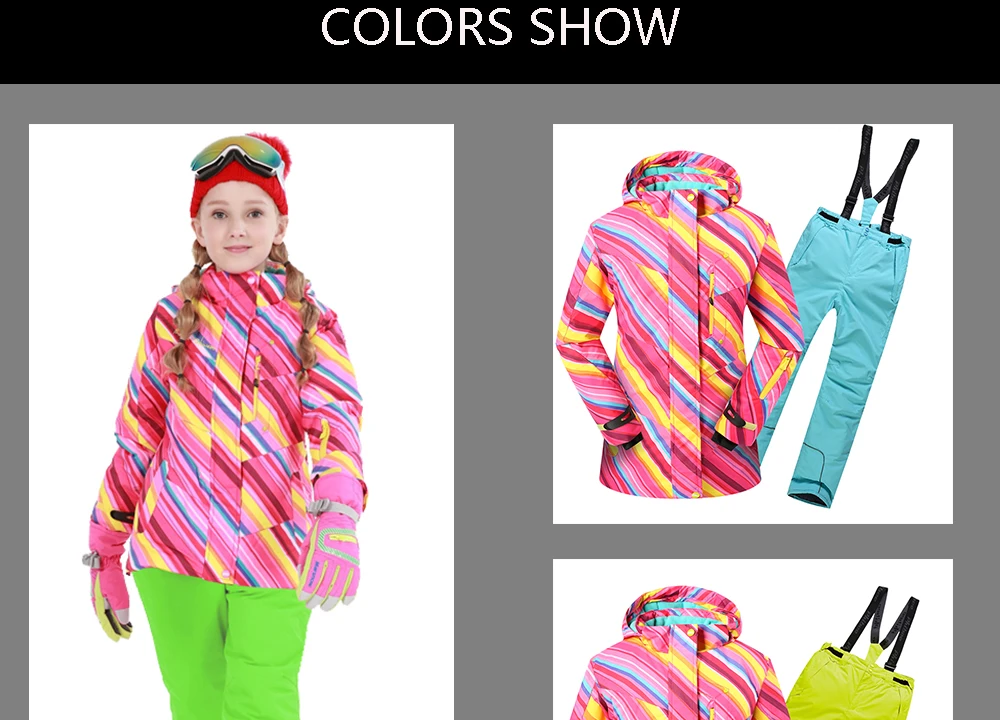 Dollplus/Зимний спортивный лыжный костюм для девочек; теплая верхняя одежда для детей; комплект одежды; ветрозащитная куртка+ брюки; комплекты для детей-подростков