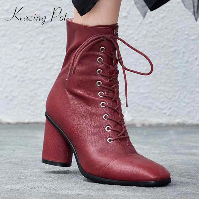 

Krazing pot genuine leather lace up women brand ankle boots square toe British school for young lady preppy Chelsea boots L08