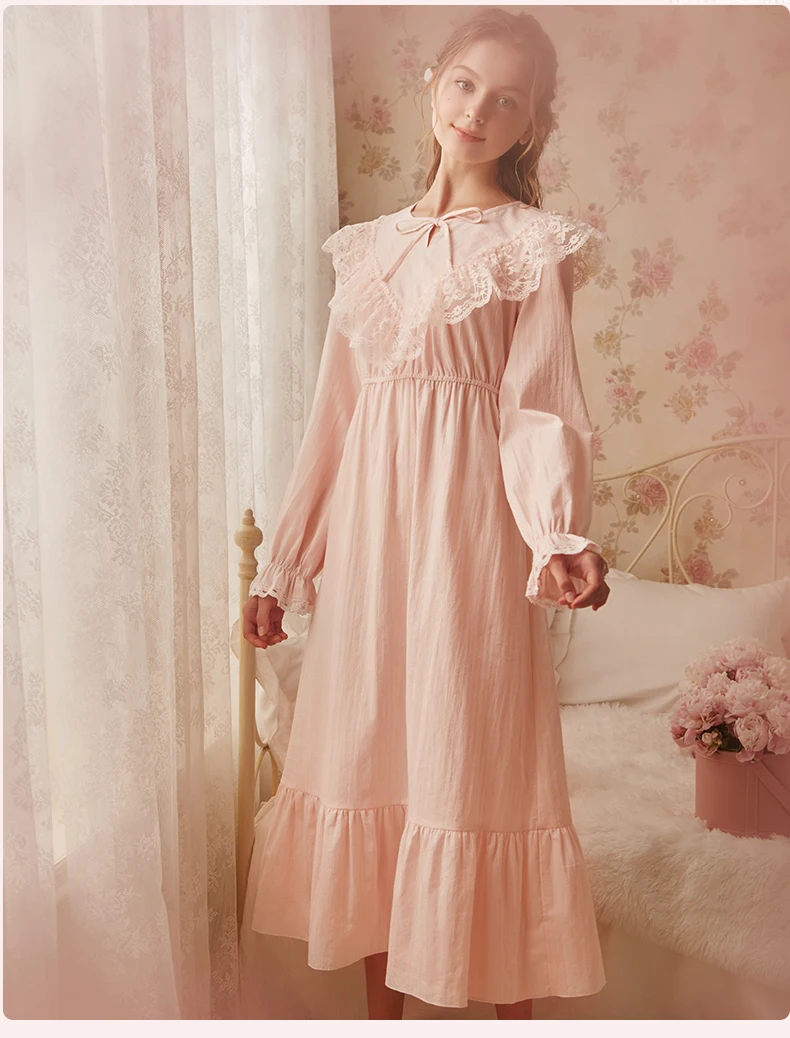 Новинка, осенняя Женская длинная Пижама, кружевная белая и розовая пижама, ночная рубашка из хлопка, милая винтажная ночная рубашка