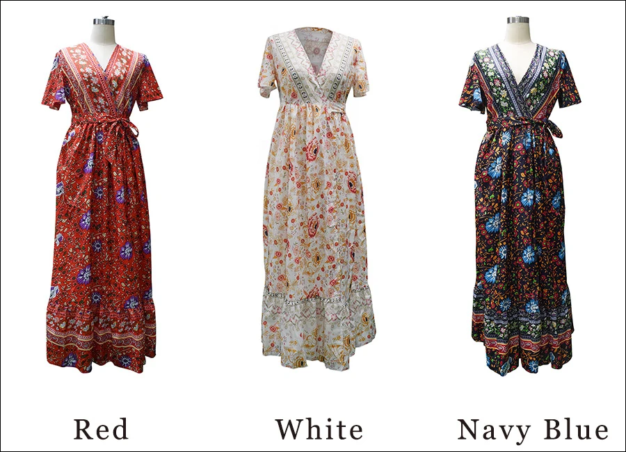 Gladiolus Bohemian Women Summer Dress Short Sleeve V Neck Floral Print Belt Tunic Split Sexy Beach Dresses Women 2019 Maxi Dress (46)