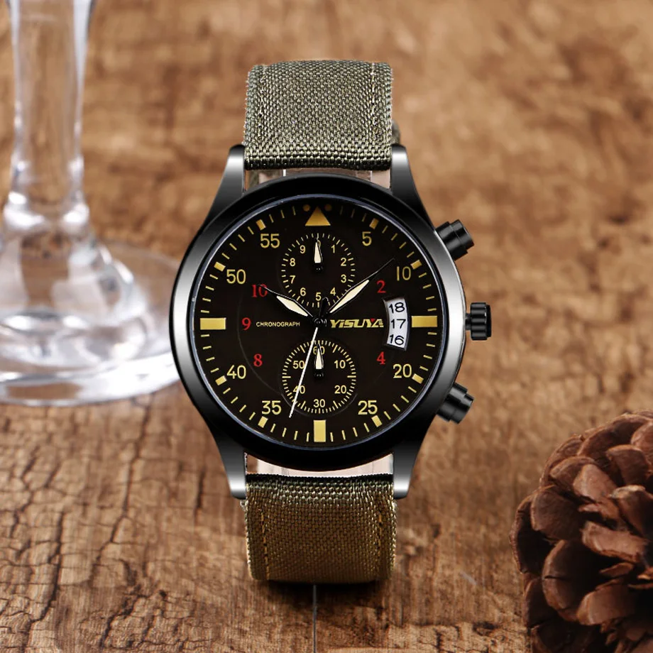 YISUYA Famous Brand Mens Watches Nylon Genuine Leather Wrist Watch Men's Date Chronograph Army Military Clock erkek kol saati (23)