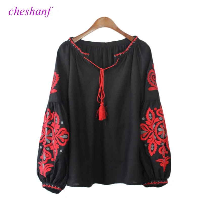 Cheshanf Ethnic Embroidery Floral Blouse Ladies Long Sleeve Women Shirts Female 2017 Vintage Tassel Lace Up Collar Blusa Mujer Cheshanf Ethnic Embroidery Floral Blouse Ladies Long Sleeve Women Shirts Female 2017 Vintage Tassel Lace Up Collar Blusa Mujer