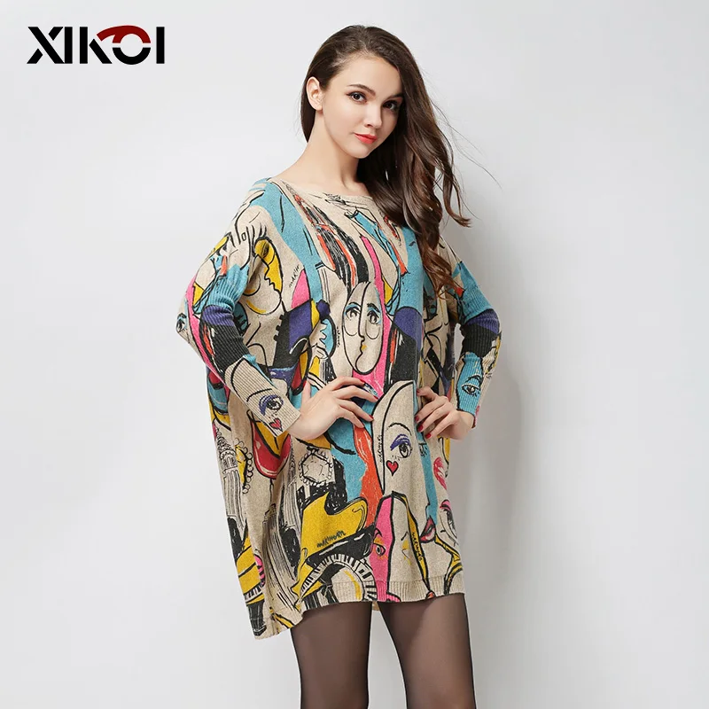 Comprar 2019 otoño nuevo de gran tamaño suéter de punto de mujer Jersey largo para mujer de invierno de las señoras de moda de impresión Sesy Top con cuello oblicuo sweter