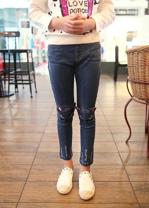 

2017 summer baby girls washed vintage embroidery bow cartoon lace denim jeans full length pants kids trousers