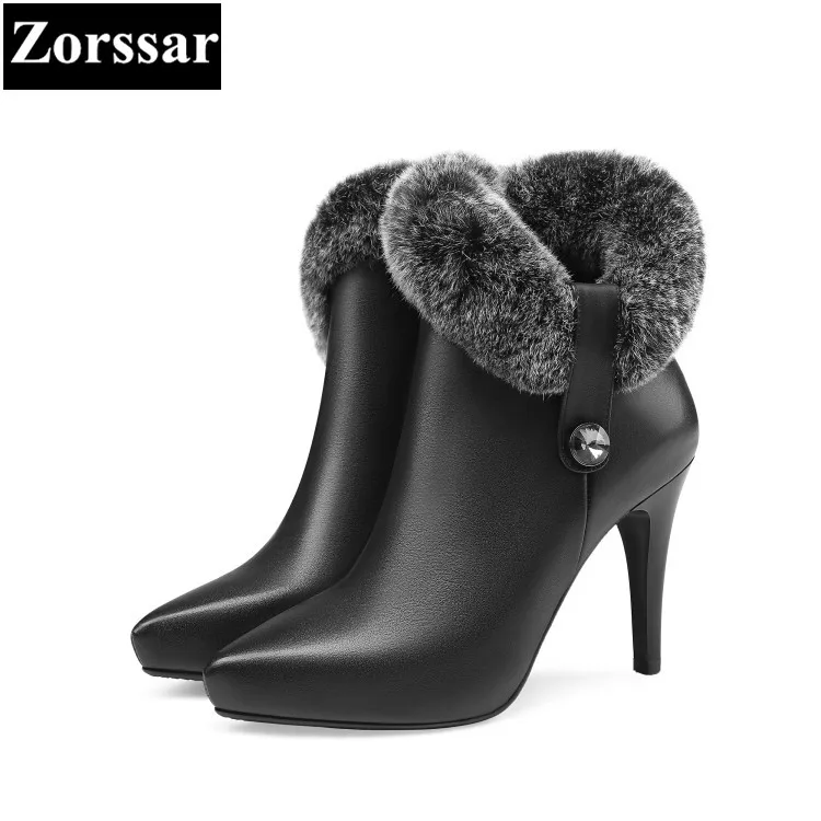 

{Zorssar} 2017 new Luxury brand ladies shoes Fashion Rabbit hair pointed Toe High heels ankle boots winter womens snow boots