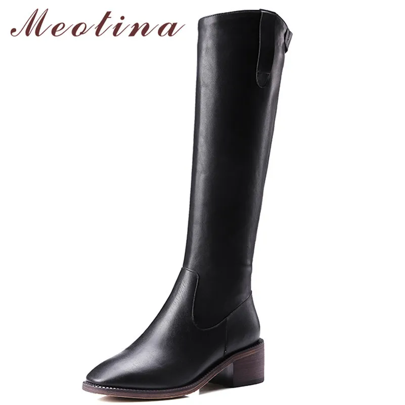 

Meotina Winter Riding Boots Women Natural Genuine Leather Block Heel Knee High Boots Zipper Square Toe Long Shoes Lady Autumn 39