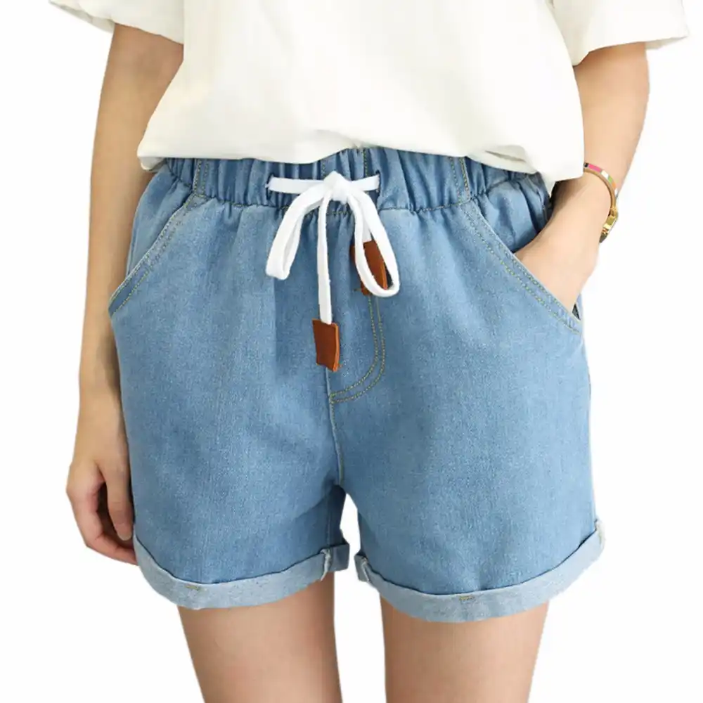 elastic denim shorts womens