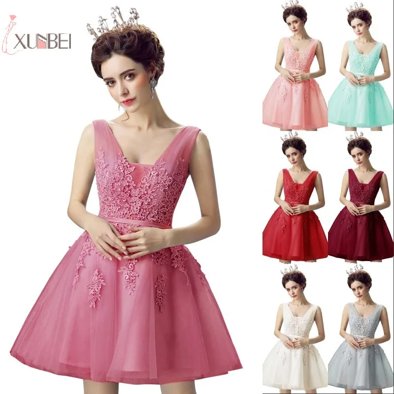 

2019 Pink Burgundy Navy Blue Short Bridesmaid Dresses Lace Applique Wedding Party Gown vestido madrinha