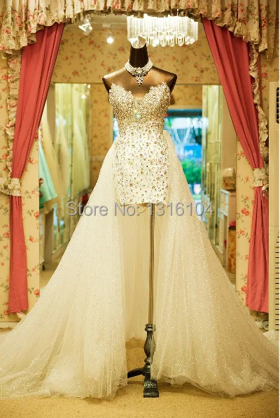 

Sexy High low 2 In 1 Detachable Train Wedding Dresses Sheath Sweetheart Sparkly Beaded Bridal Gowns Removable Train