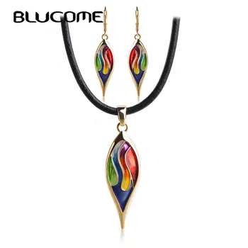 

Blucome Latest Enamel Leaves Long Earrings Necklace Set Wedding Women Girls Jewelry Sets Black Rope Chokers Pendants Pendientes