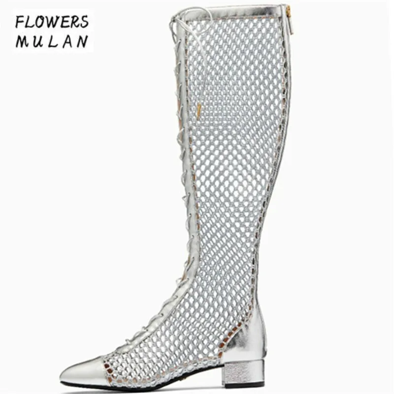 

Silver Black Mesh Upper Spring Autumn Boots Women Square Toe Low Chunky Heel Martin Boots Shoes Rome Cross Tied Back Zip Shoes
