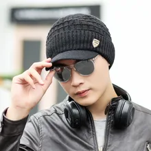 Для мужчин зимние шапочки Шерсть Вязать Лыжная кепки с козырьками Hat Маска капор Теплые Мешковатые Hat для Для мужчин Skullies кепки с козырьком