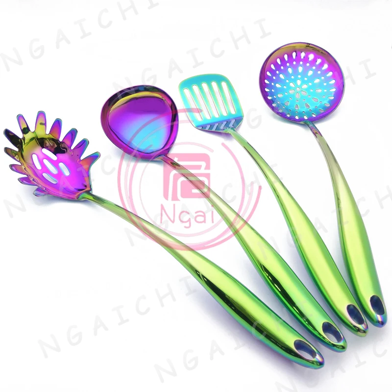 

Oversize Stainless Steel Kitchenware Cooking Tools Set Electroplate Rainbow Color Spatula Dinnerware Set Draining Kitchenware
