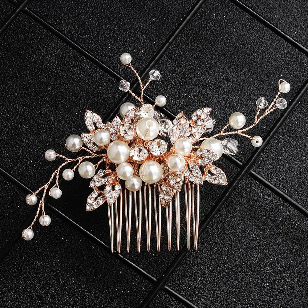 

Handmade Pearl Flower Hair Comb Bride Tiaras Crowns Headpiece Wedding Bridal Noiva Hair Jewelry Accessories For Women