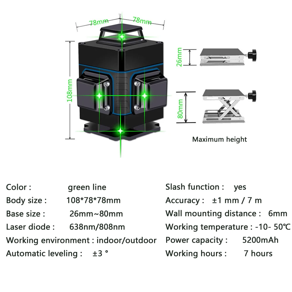 Laser nível 16 linhas linha verde 4d