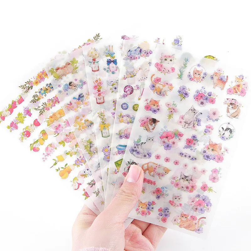 

6 Pcs/Set Cute Cats Flowers Cartoon Animals Sticker PVC Cartoon Stickers Diary Sticker Scrapbook Stationery Stickers