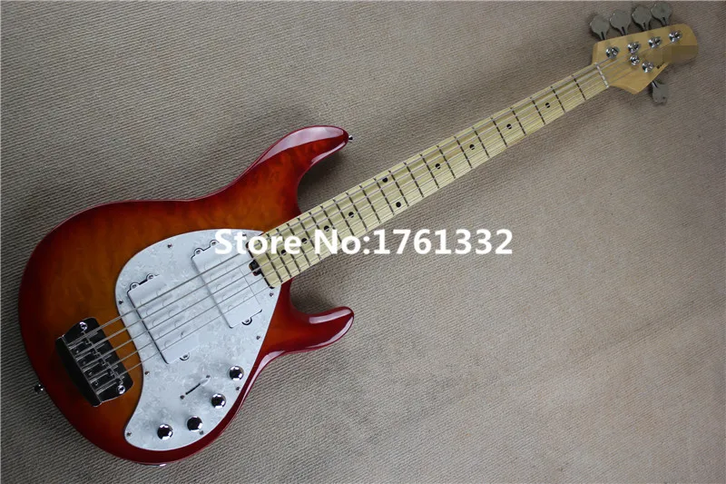 

Wholesale 5 strings cherry sunburst bass guitar with initiative circuit,white pearl pickguard,big flower line,can be changed